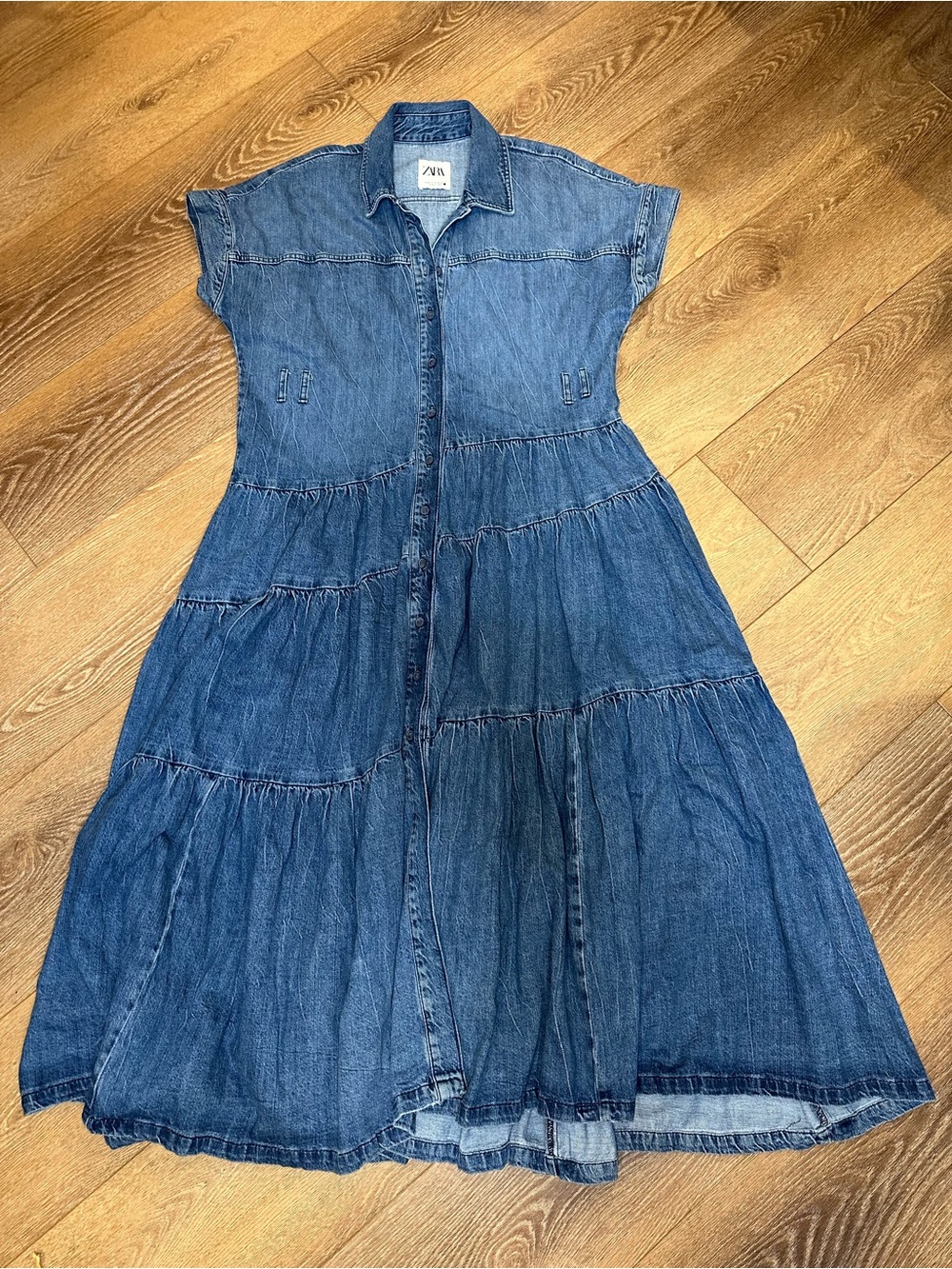 Zara Blue Denim Tiered Maxi Shirt Dress - heavy denim XL missing belt